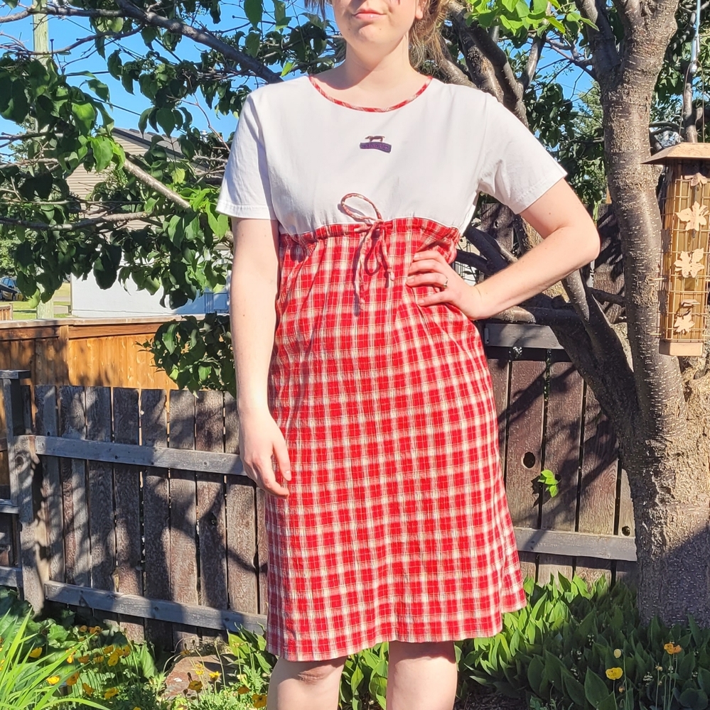 90s red plaid tee dress with dog applique